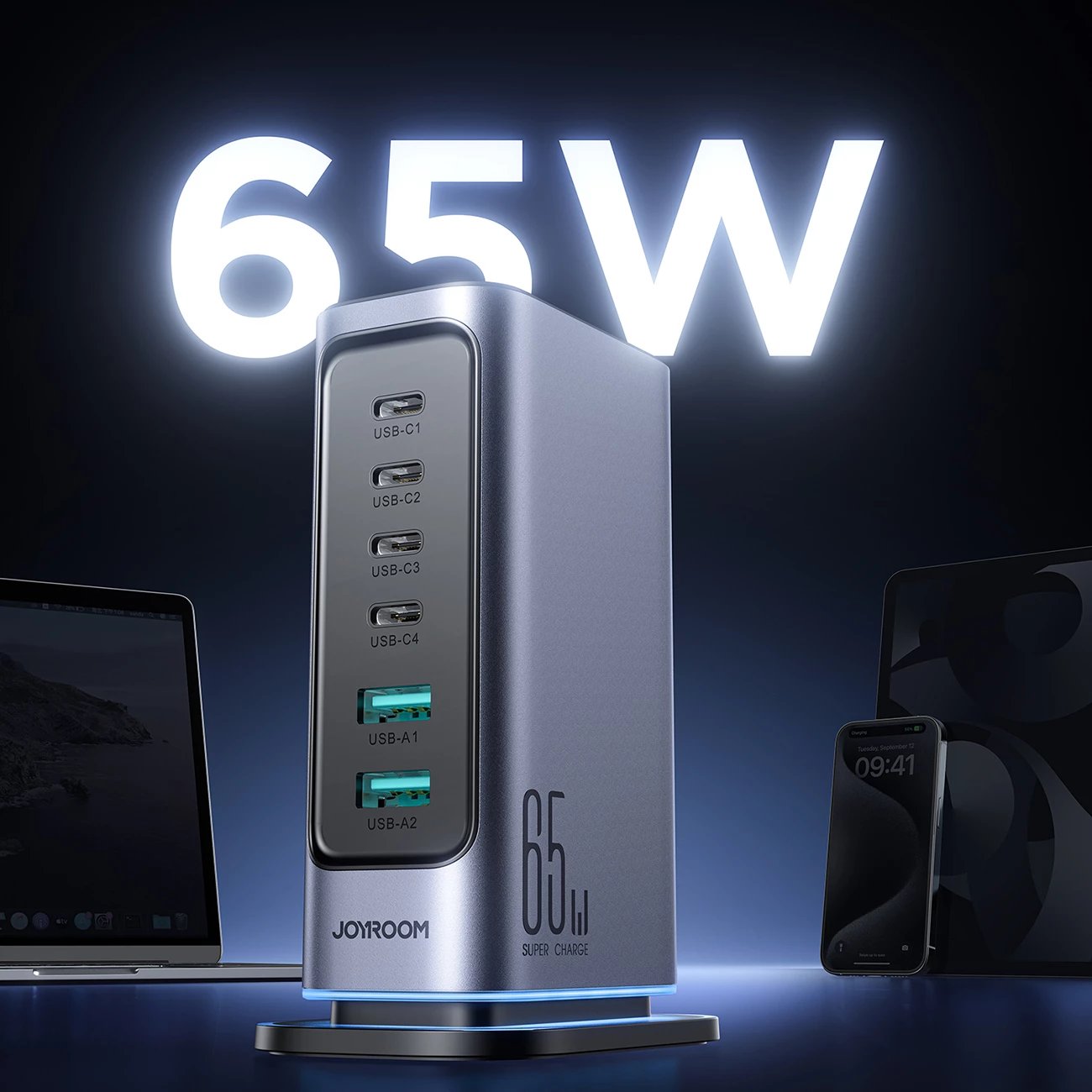 Karikues muri Joyroom JR-TCM02, 65W, 4x USB-C, 2x USB-A, GaN, Gri e errët