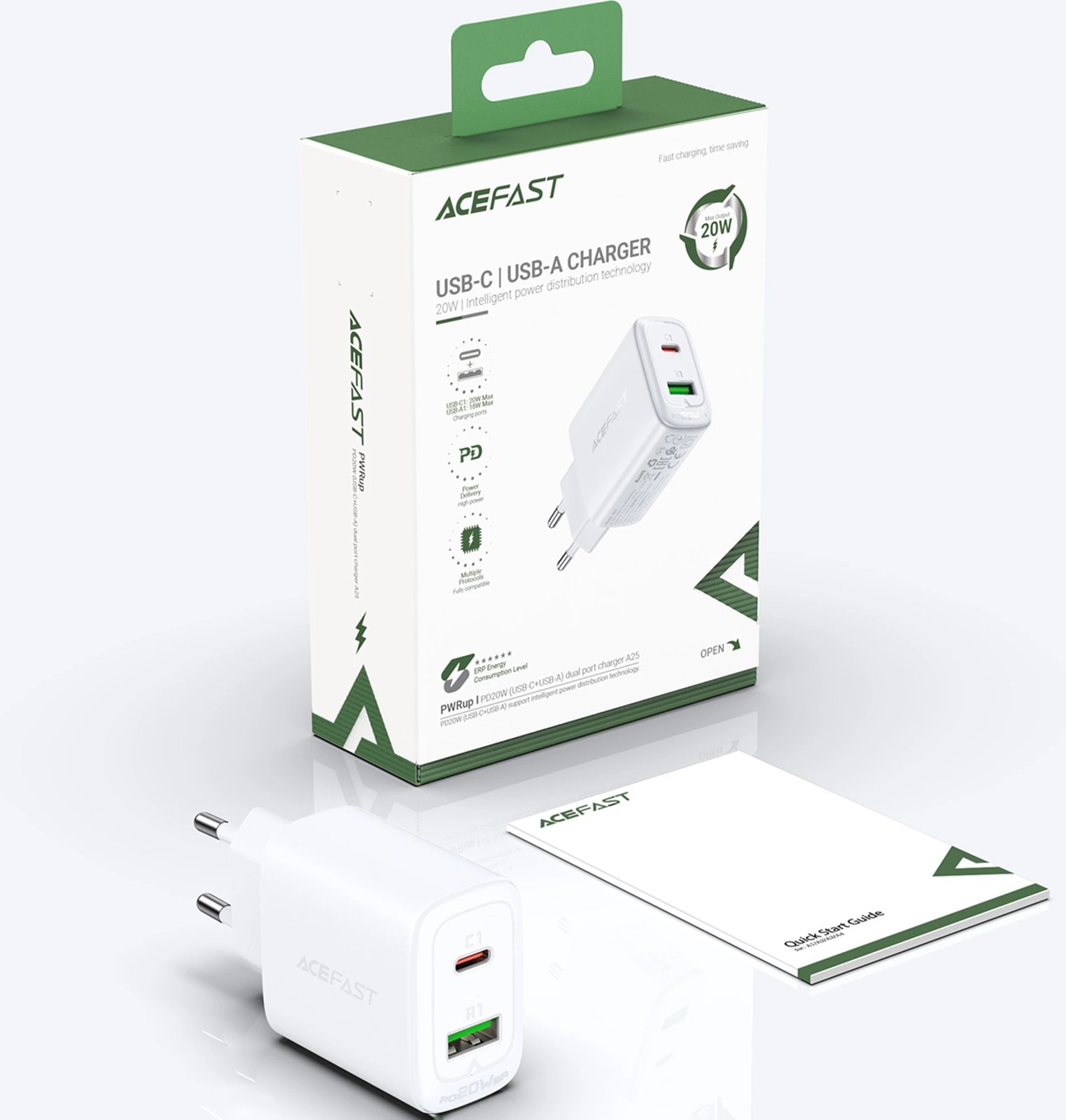 Karikues muri Acefast A25, 20W, USB-C/USB-A, i bardhë