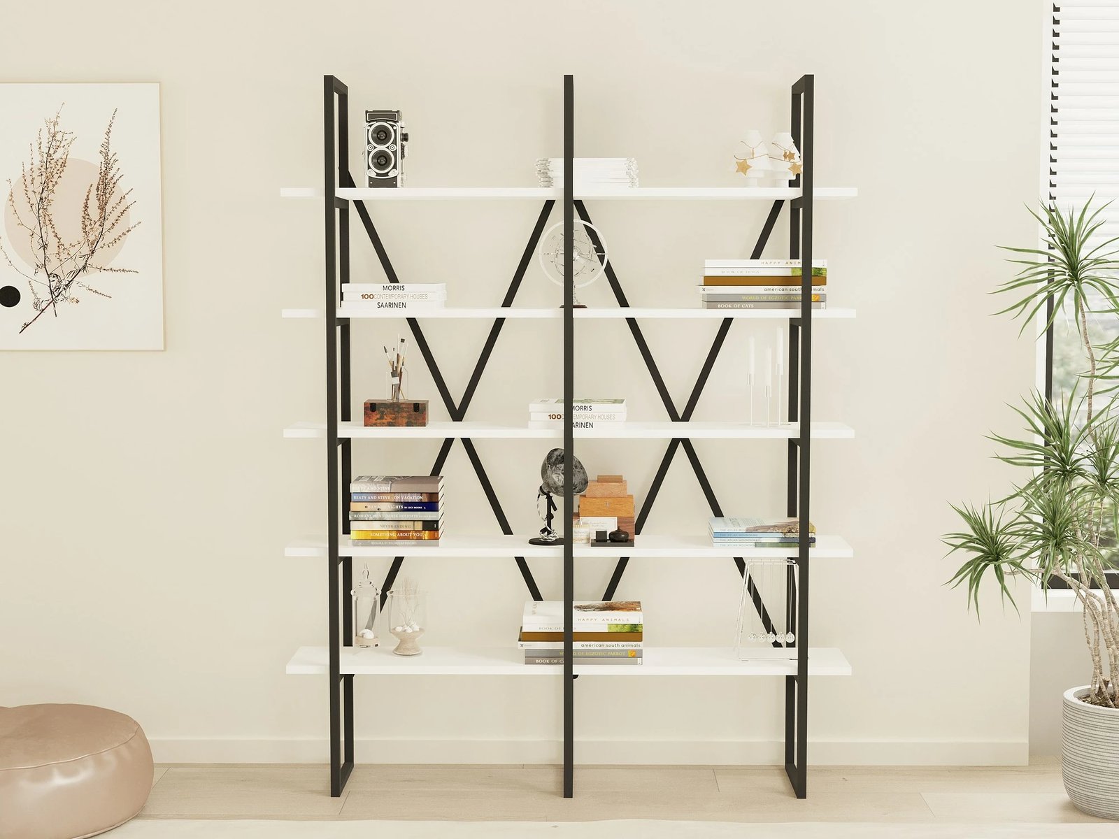 Raft librash Hanah Home, Kınalı, i bardhë dhe i zi, modern, 126x160x26cm