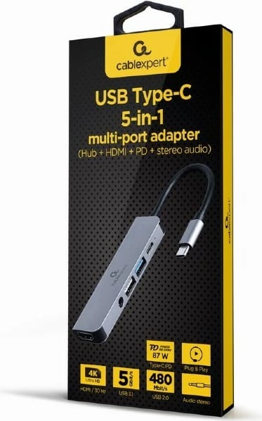 Adapter USB-C 5-në-1 Gembird A-CM-COMBO5-02, HDMI, Audio, USB 3.1/2.0, e zezë/argjendtë