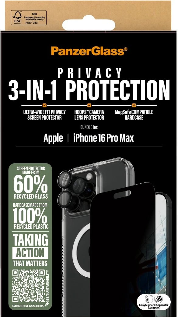 Mbështjellës ekrani PanzerGlass 3-in-1 Privacy Protection për iPhone 16 Pro Max, transparent