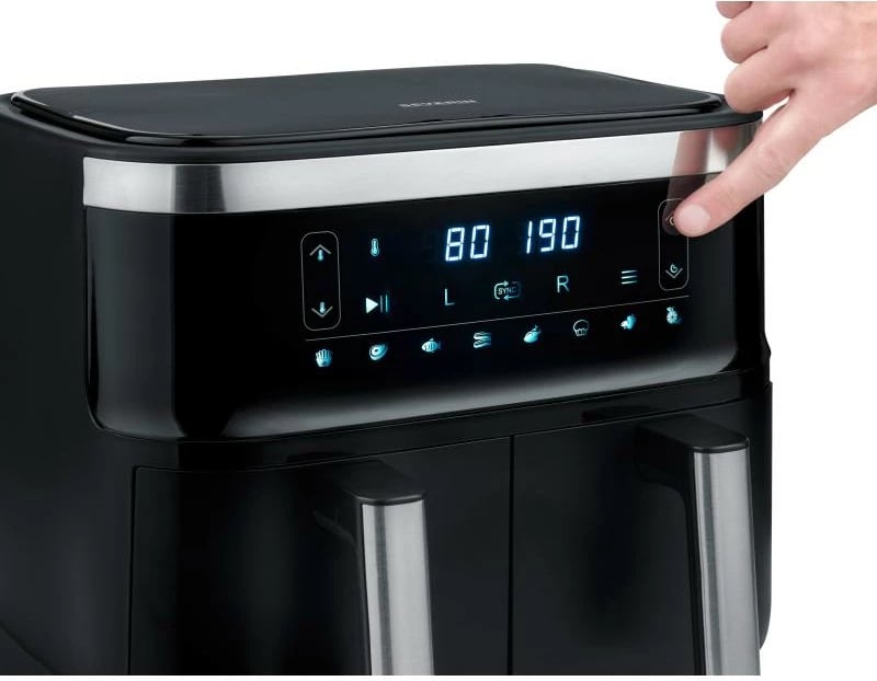 Fritezë me ajër të nxehtë dyfishe, Severin, FR 2453, 2x 3.8L, 8 programe, 80–200°C, funksion tharjeje, 1950 W, e zezë/argjendtë