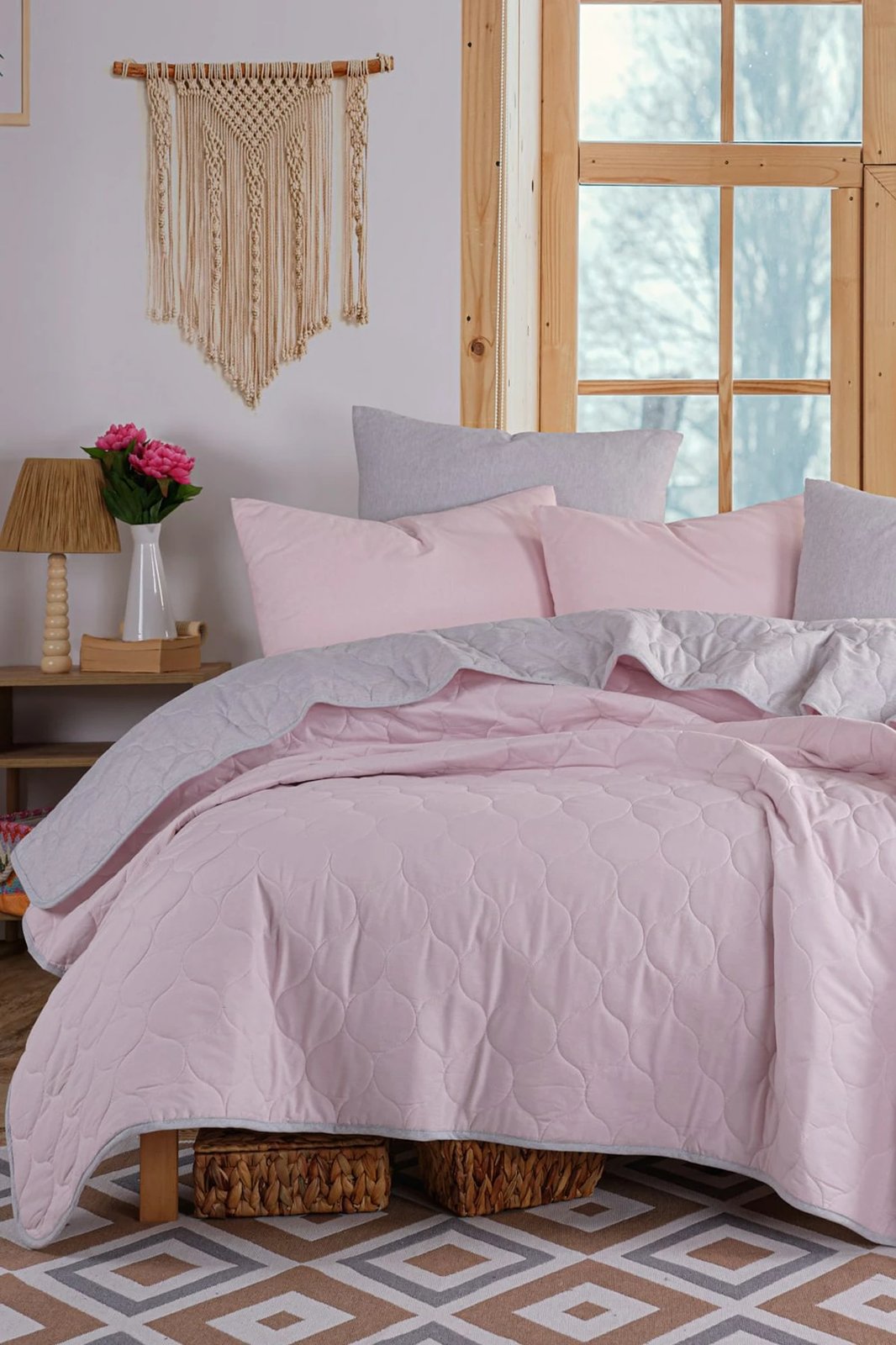 Set mbulesë krevati king, i qepur, ngjyrë pluhur dhe gri, L'essentiel