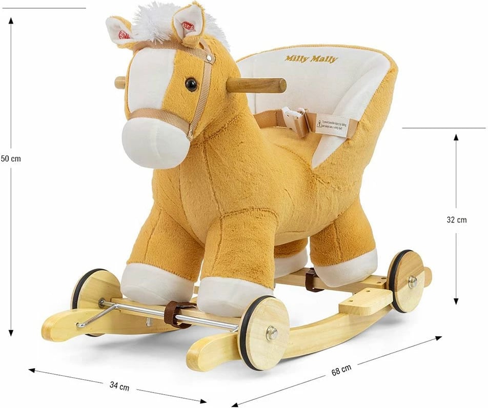 Kalë luhatës, Milly Mally, Polly, me melodi dhe rrota, karrige me rrip sigurie, deri 30 kg, 12–36 muaj, kafe e çelët