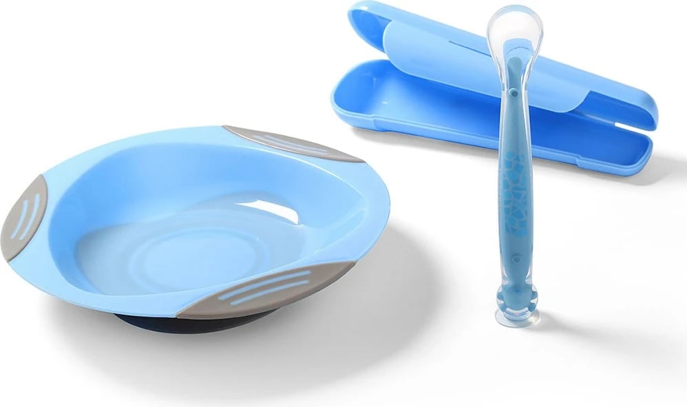 Lugë silikoni me kupë thithëse, Baby Ono, me kuti transporti, 6m+, blu, set 1 lugë + kuti