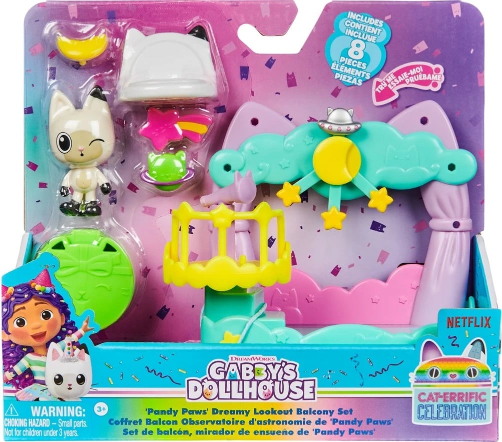 Set lodrash Gabby's Dollhouse SPIN MASTER Pandy Paws Dreamy Balcony Playset, 8 pjesë, shumëngjyrëshe