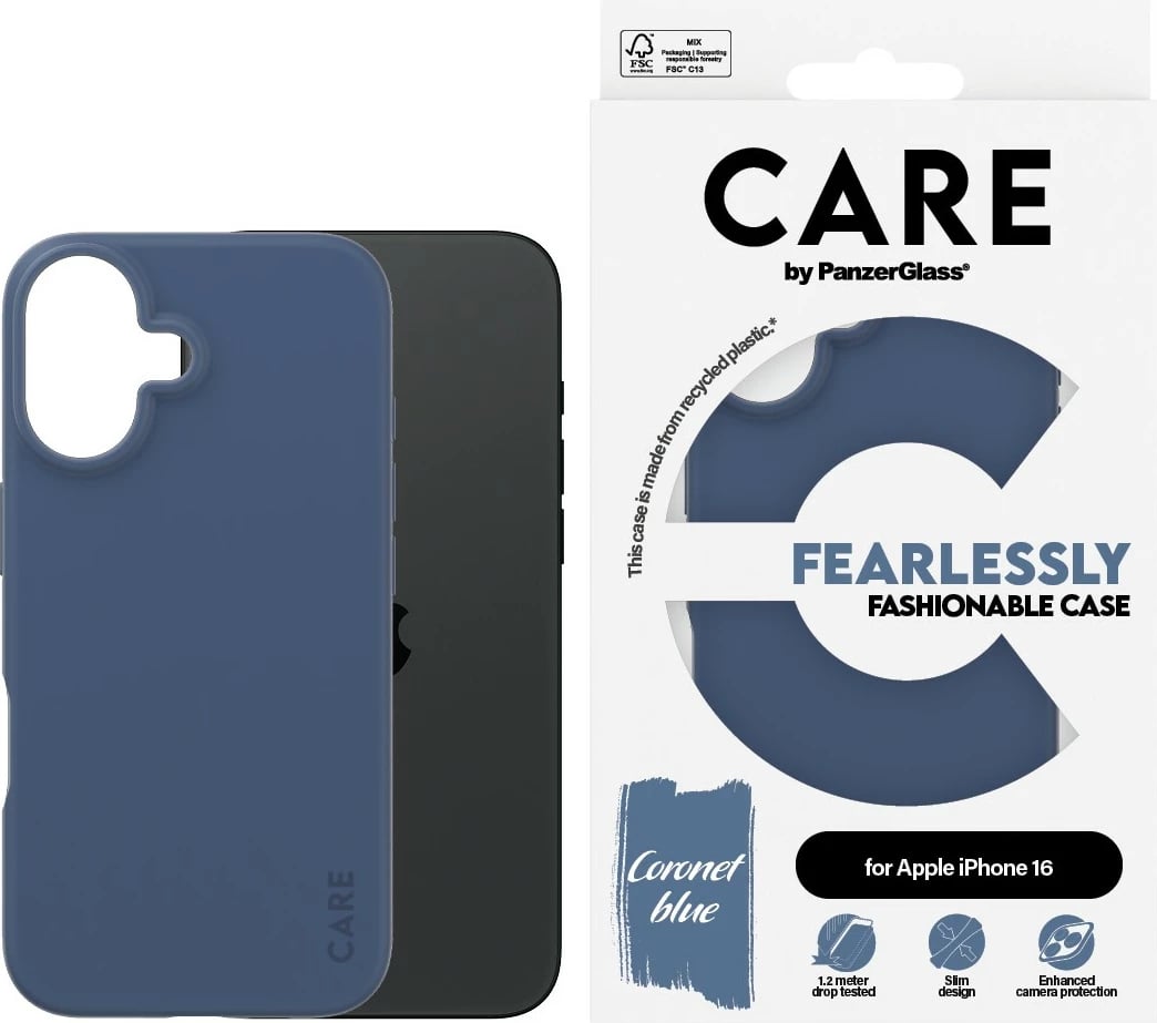 Mbështjellës PanzerGlass CARE Case Fashion Blue për iPhone 16, silikon, blu