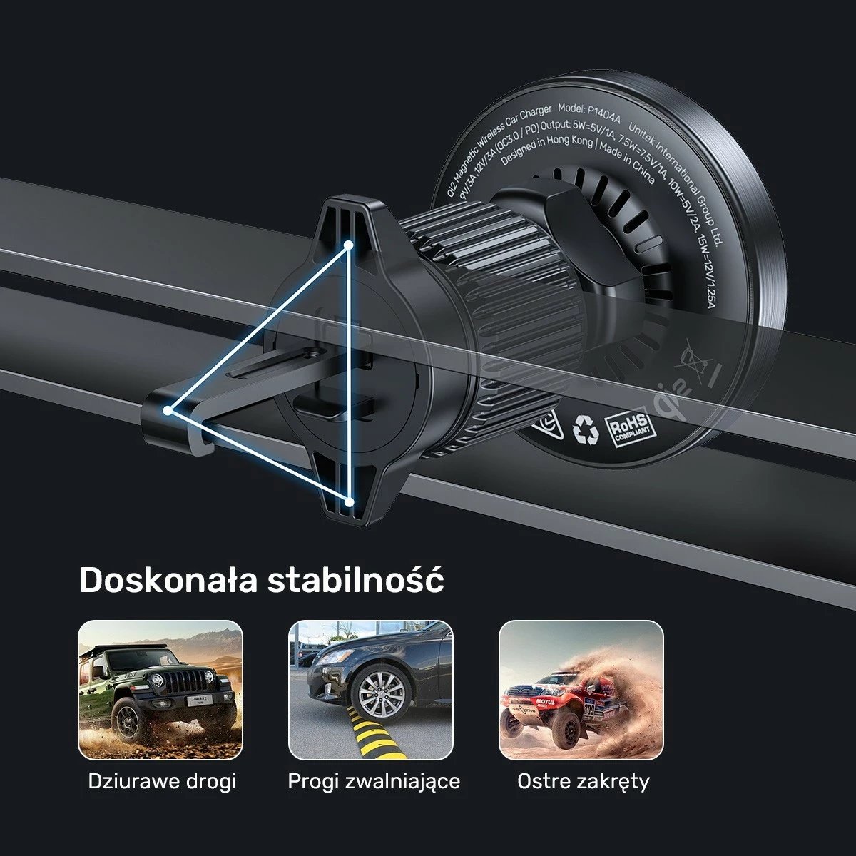 Mbajtës veture Unitek 38W Qi2, karikues wireless, USB Type C, i zi