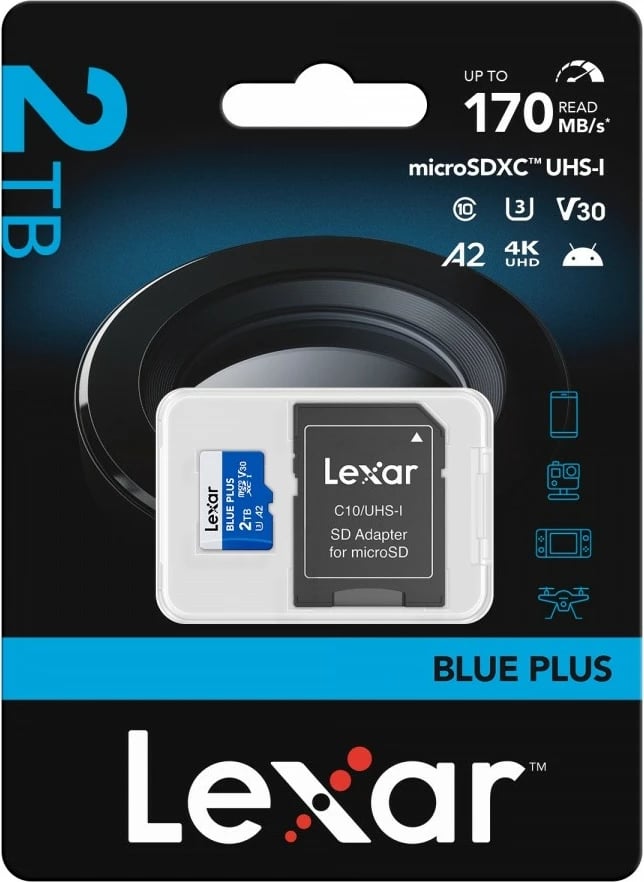 Kartë memorie microSD Lexar Blue Plus 2TB SDXC UHS-I C10 A2 U3 V30 deri 170MB/s, blu, me adapter SD