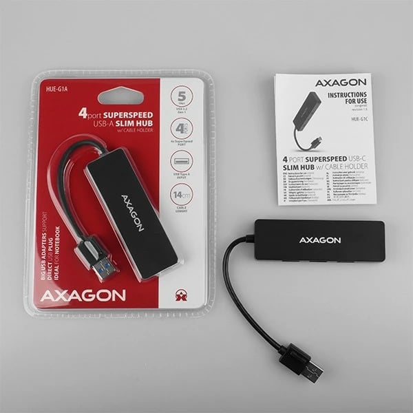 Kasë USB AXAGON HUE-G1A, 4 porta, USB 3.2 Gen 1, kabllo 14cm, e zezë