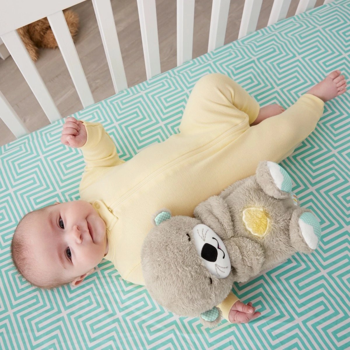 Lodër pelushi Fisher Price Cuddle Sleepy Wydra, FXC66, për foshnje, me muzikë dhe dritë, Azure/Gri/Bardhë