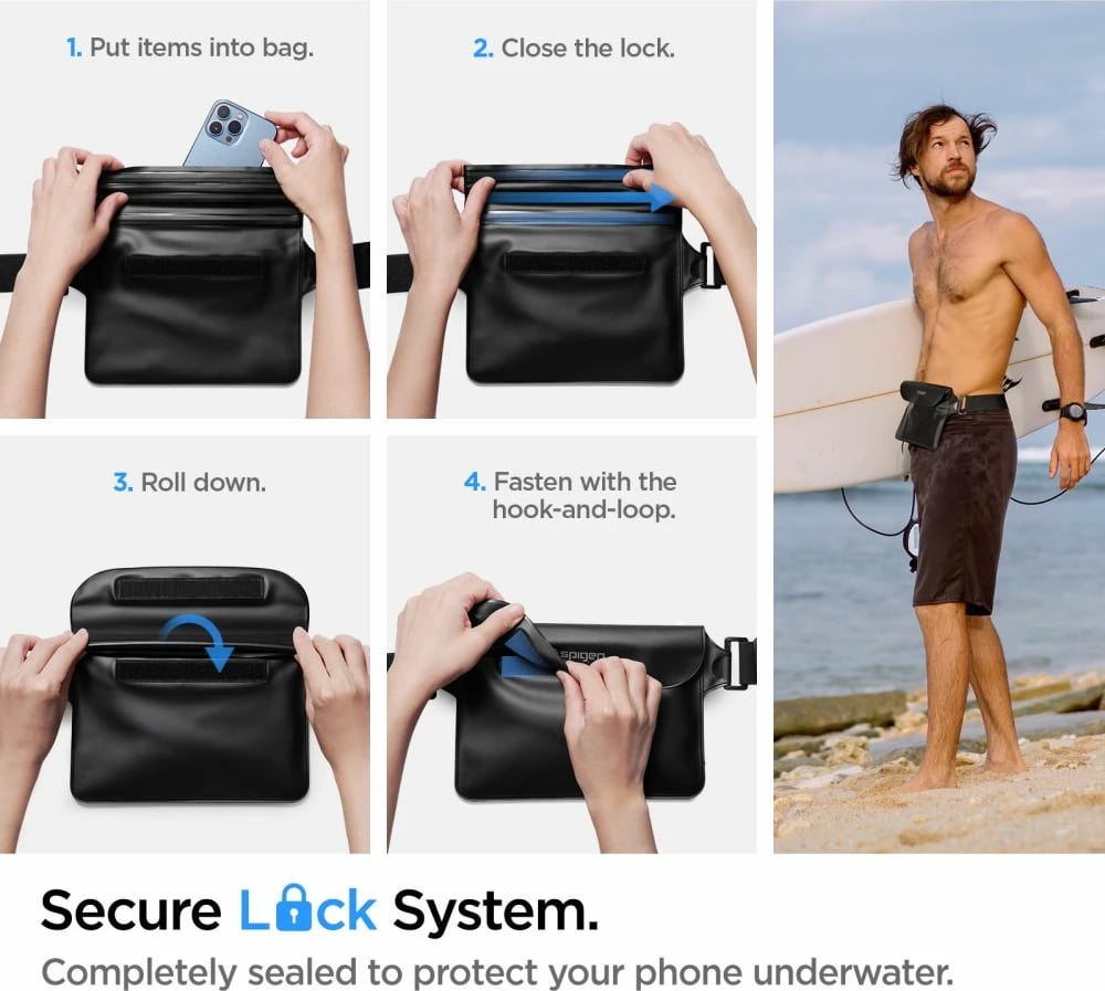 Set çantë beli dhe mbështjellës telefoni Spigen Aqua Shield A621, IPX8, e zezë