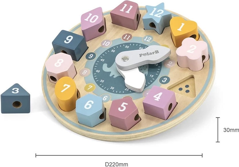 lojë puzzle orë druri, Viga PolarB, 12 blloqe gjeometrike, akrepa lëvizës, me spango, shumëngjyrëshe