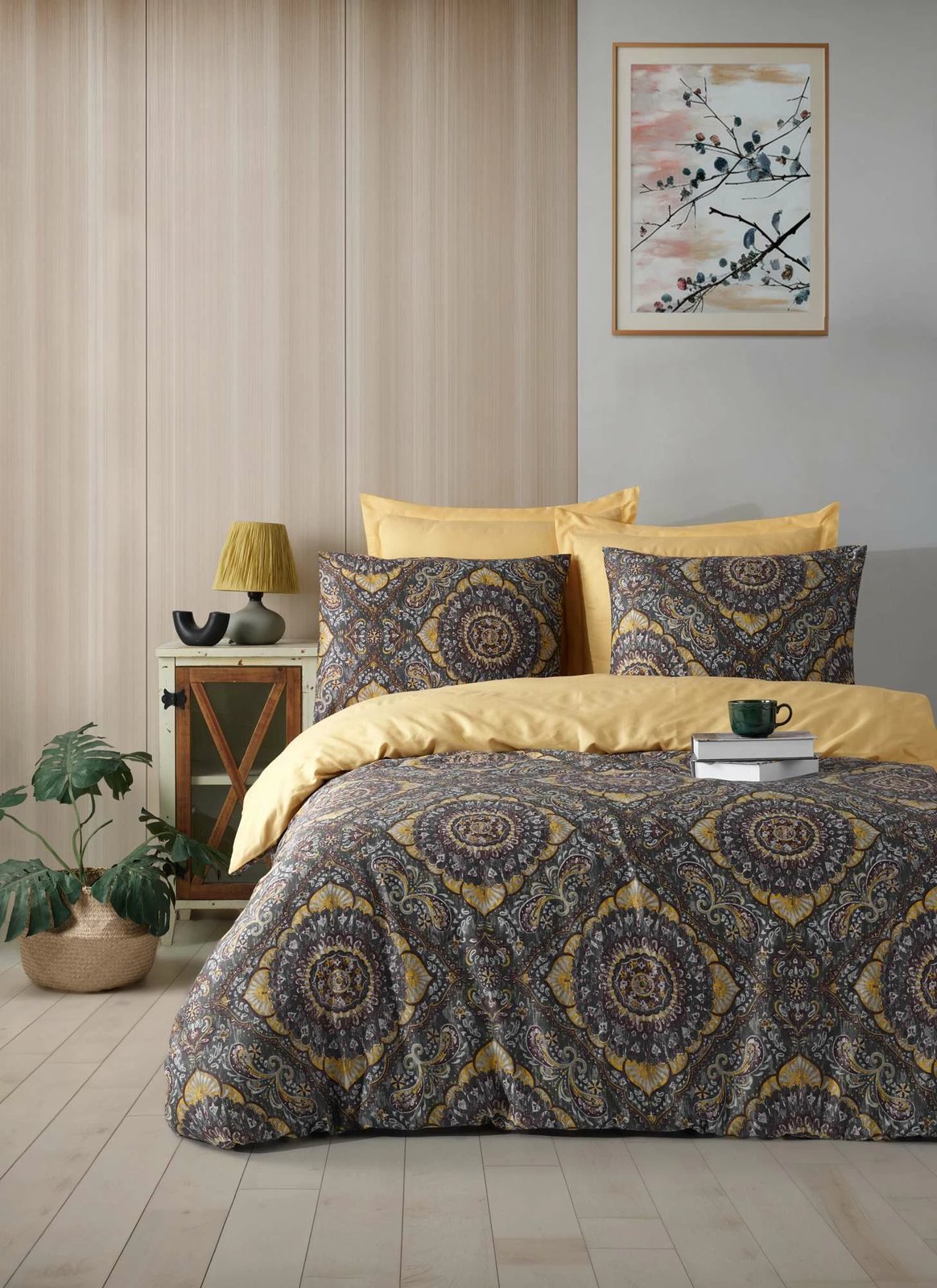 Set mbulesë për jorgan Super King Satin, ngjyrë gri dhe mustard, L'essentiel Set mbulesë për jorgan Super King Satin, ngjyrë gri dhe mustard, L'essentiel