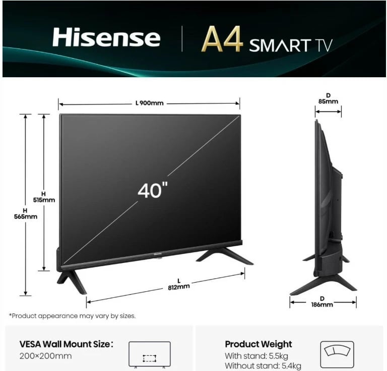 Televizor LED, Hisense 40A4Q, 40" Full HD, Smart TV VIDAA, HDR10, Wi‑Fi
