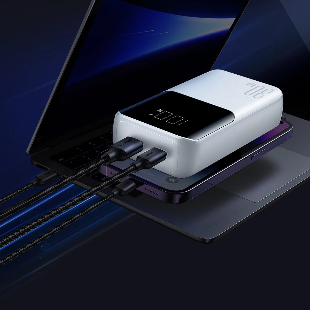 Powerbank Joyroom JR-PBC06, 10000mAh, 30W, me kabllo të integruara, Bardhë