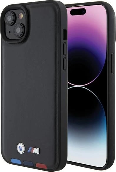 Mbështjellës BMW BMHCP15M22PTDK për iPhone 15 Plus 6.7", Leather Stamp Tricolor, zi