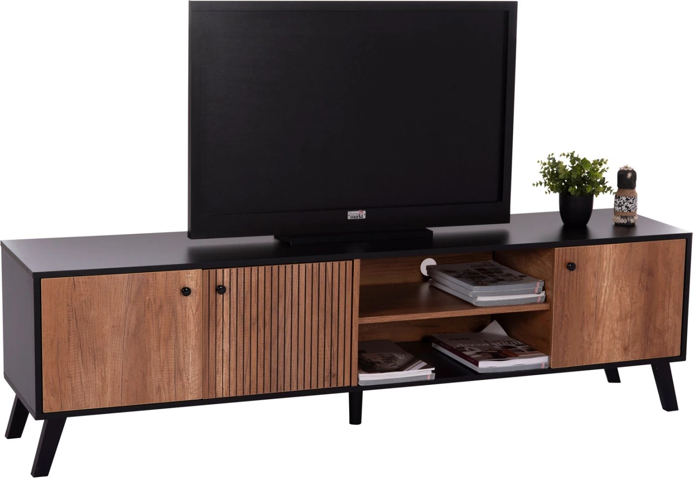 Komodë TV KRUDEN, melaminë, ngjyrë e zezë-dru natyral, 180x40x51cm