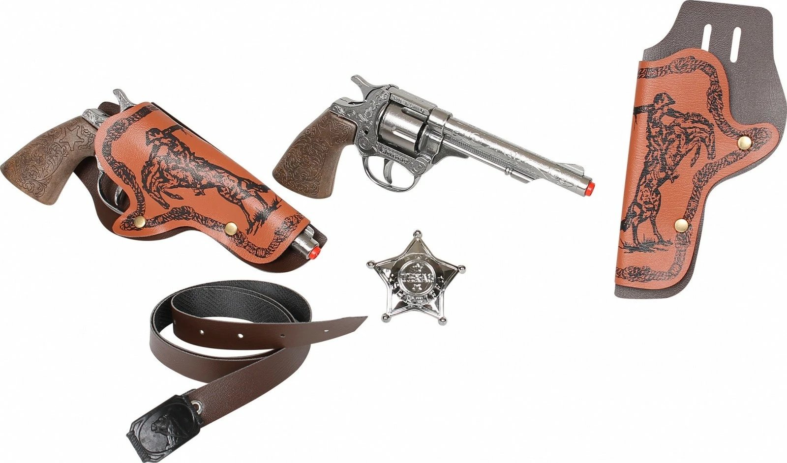 Set kauboj Pulio Gonher 155158/0 me 2 revolverë, badge, kabura, kafe/argjend