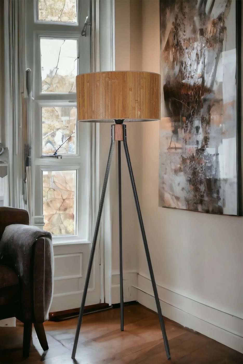 Llambë dyshemeje Opviq, trup druri dhe metal, kapak bambuje, 8828-5