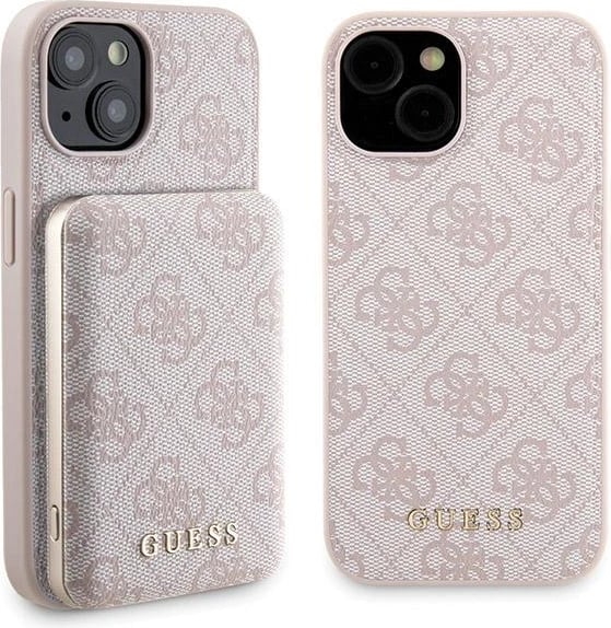 Mbështjellës Guess 4G Metal Logo me powerbank MagSafe 5000mAh për iPhone 15, Rozë, Set