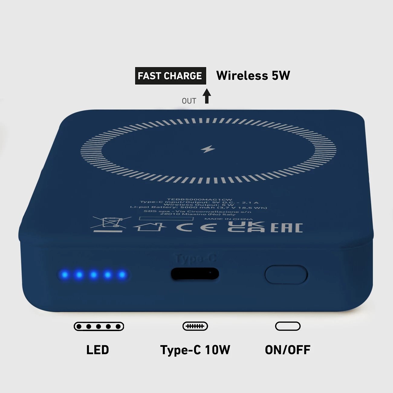 Powerbank SBS TEBB5000MAG1CB, 5000 mAh, MagSafe, Qi, USB-C, kaltër