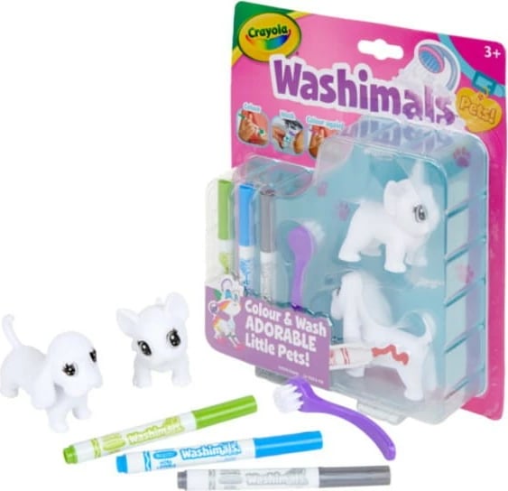 Set kreativ Goliath Washimals, 2 qenushë plastikë për ngjyrosje, 3 flamastra, furçë, shumëngjyrësh
