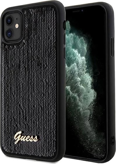Mbështjellës Guess Sequin Script Metal për iPhone 11/XR, i zi