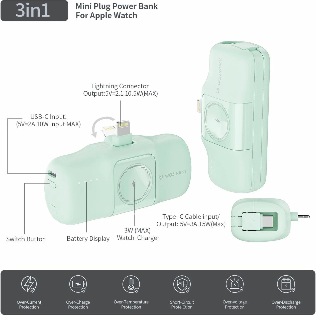 Powerbank Wozinsky WF16-YLS, 5000mAh, 15W, me kabllo USB-C të integruar dhe karikues për Apple Watch, Jeshile