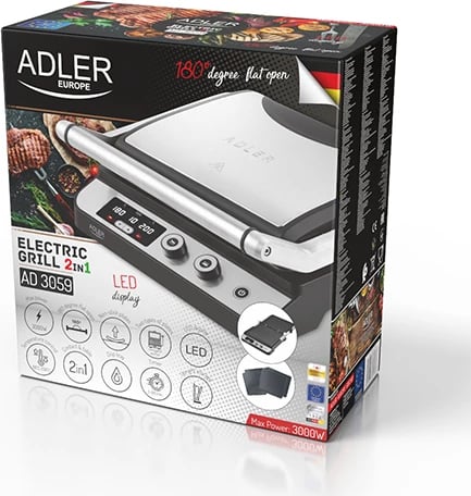 Grill elektrik, Adler, AD 3059, LED 2‑në‑1, 3000W, temperaturë 60‑230°C, timer 1‑99 min, dy palë pllaka