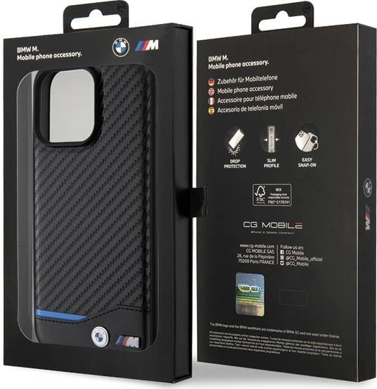 Mbështjellës BMW Leather Carbon për iPhone 15 Pro Max, i zi