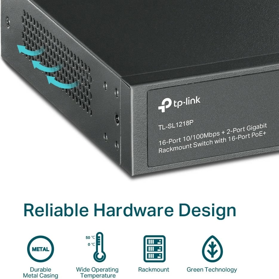Switch TP-LINK TL-SL1218P, 16x PoE+ 10/100 Mbps, 2x Gigabit, 1x SFP, rack