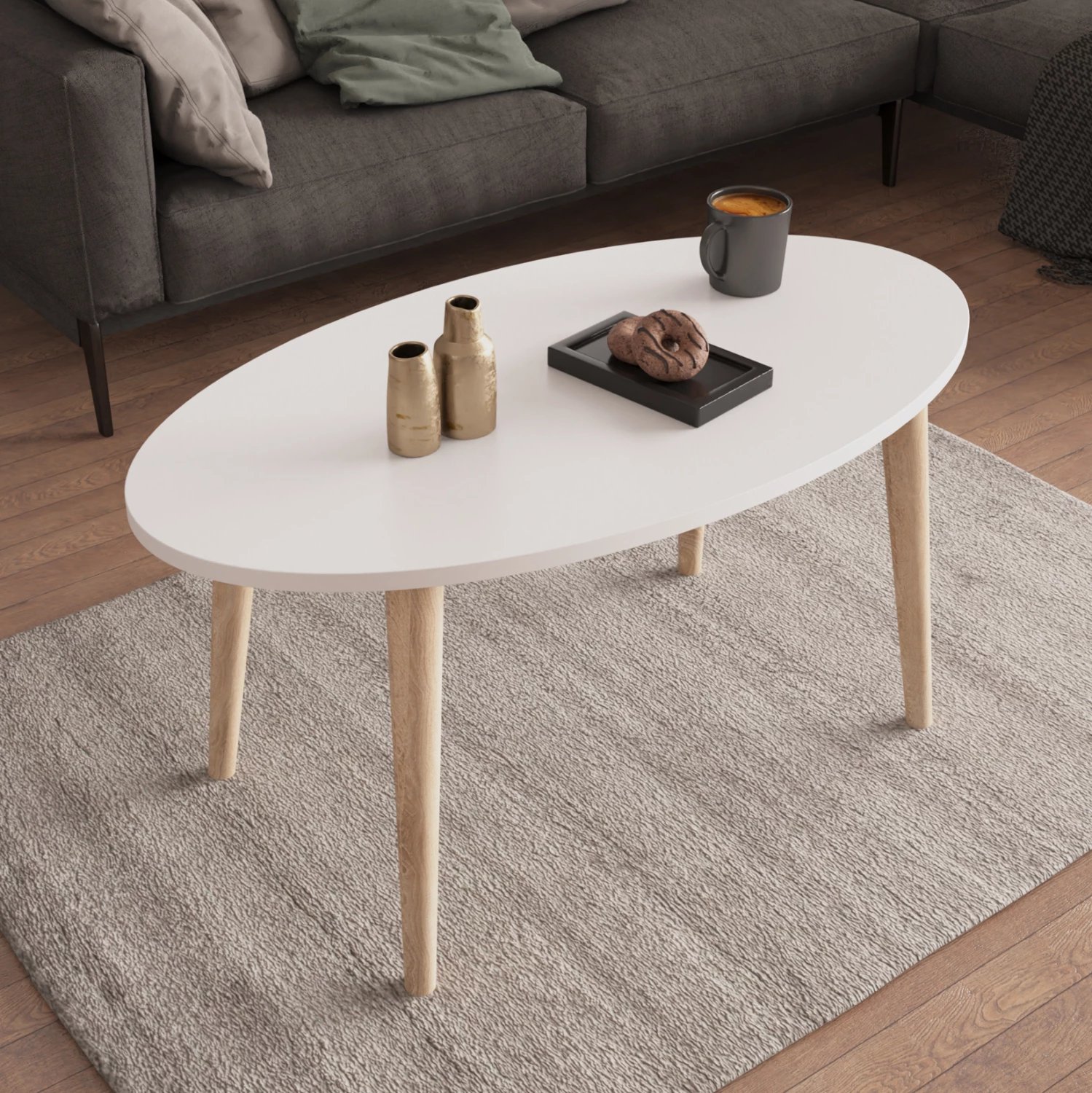 Set tavolinash kafeje e anësore, ngjyrë e bardhë, këmbë druri sonama, VITAL FH18180.01