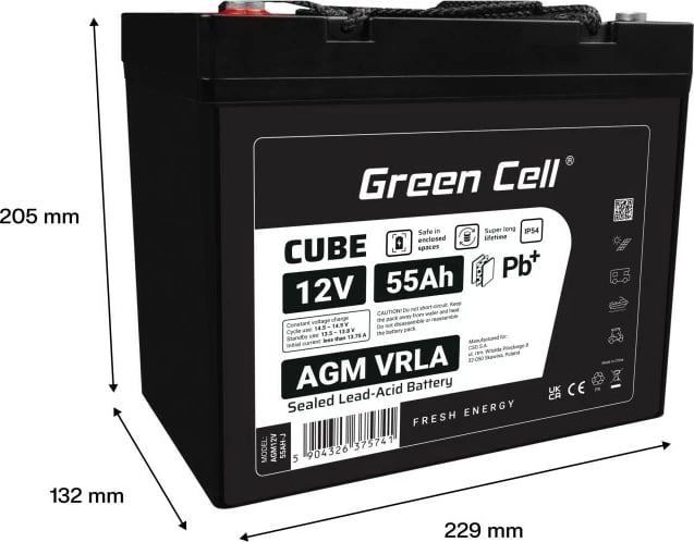 Bateri AGM VRLA, Green Cell, AGM12V55AH-J, 12V 55Ah, IP54, e zezë