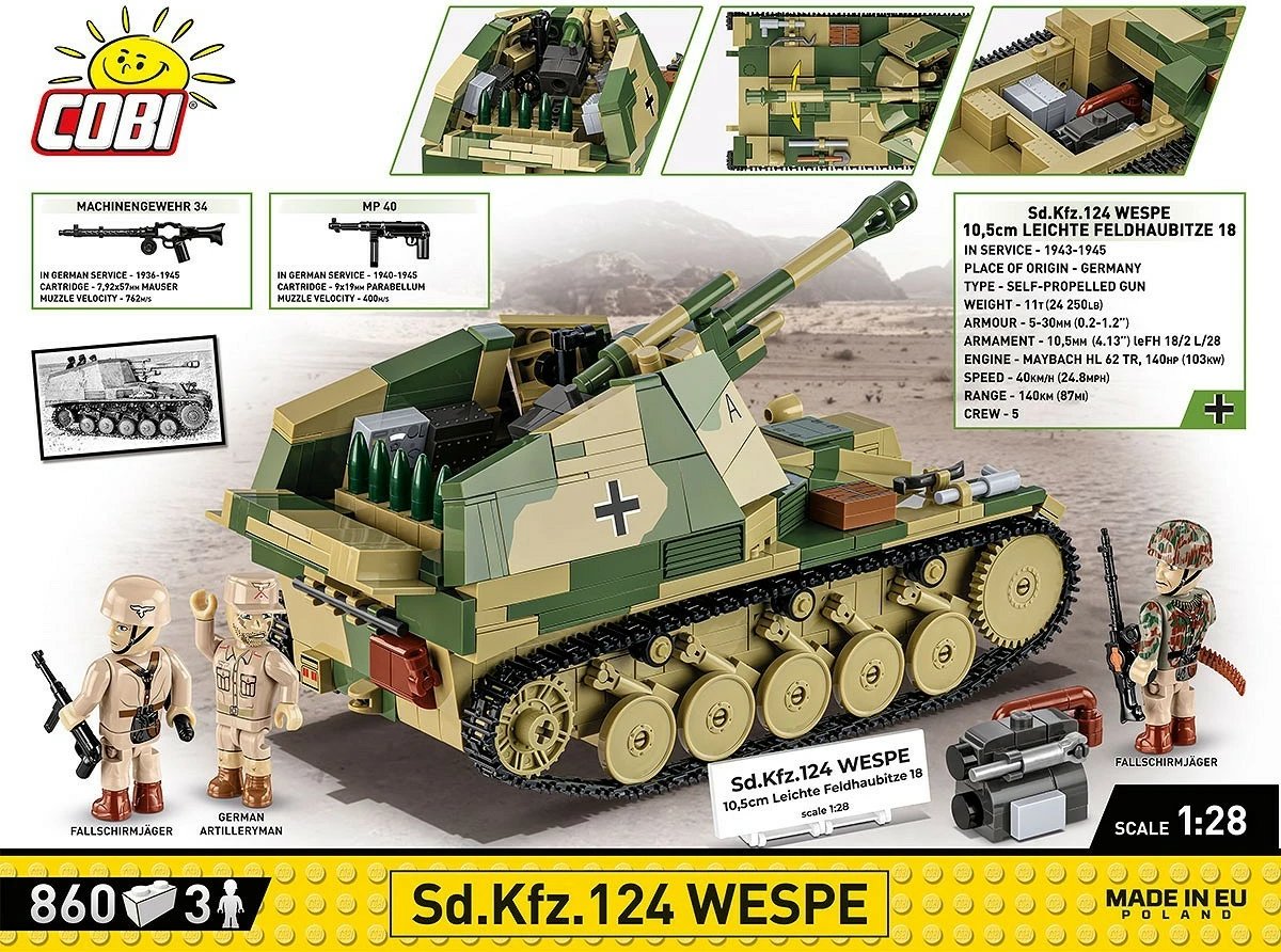 Set blloqesh ndërtimi, Cobi, COBI-2598 Sd.Kfz.124 Wespe 1:28, 860 pjesë, Executive Edition, me figura, kamuflazh jeshil-rërë