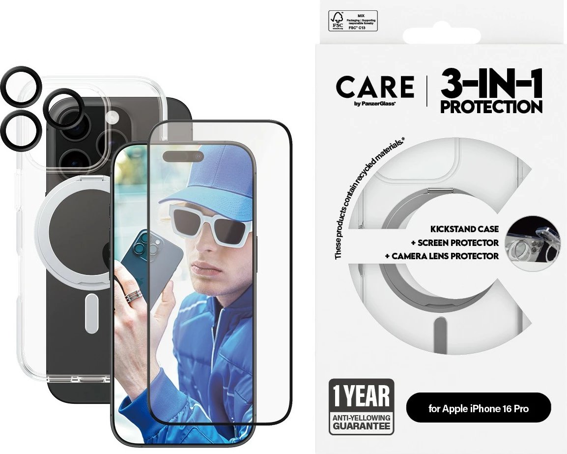 Mbështjellës PanzerGlass CARE Feature 3-in-1 Ceramic për iPhone 16 Pro, transparent