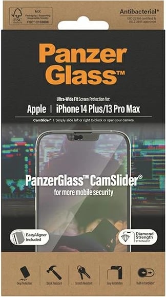 Mbrojtës ekrani PanzerGlass Ultra-Wide Fit CamSlider për iPhone 14 Plus / 13 Pro Max, antibakterial, me kapak kamere