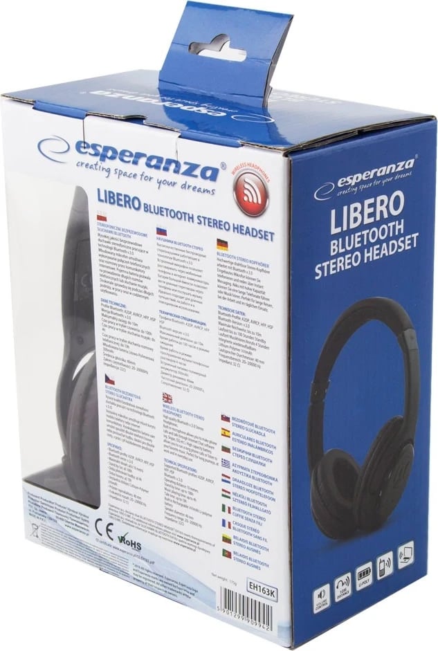 Kufje wireless Esperanza Libero EH163K, head-band, Bluetooth, 10 orë, e zezë