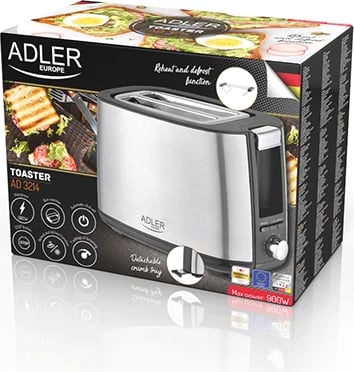 Toster, Adler AD 3214, 2 feta, 7 nivele pjekjeje, funksione Reheat/Defrost/Stop, 900W, inox/argjent