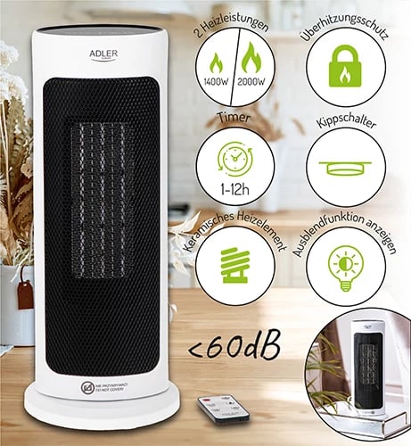 Ngrohës kullë Adler AD 7738, qeramik, 2000W, LED, telekomandë, timer 1-12h, i bardhë