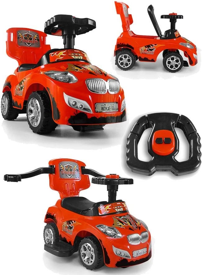 makinë lodër ride-on Milly Mally Happy 2n1 me timon muzikor, shufër drejtimi dhe mbajtëse këmbësh, kapacitet 30 kg, e kuqe