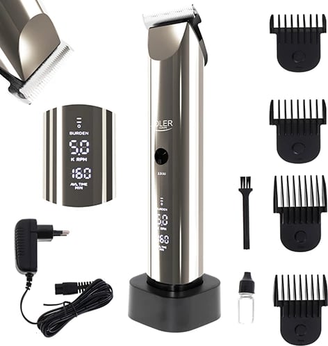 Makinë qethëse, Adler AD 2834, LCD, 2000 mAh, 5 shpejtësi, IPX6, me dhe pa kabllo, 4 krehrat 3-12 mm, argjendtë
