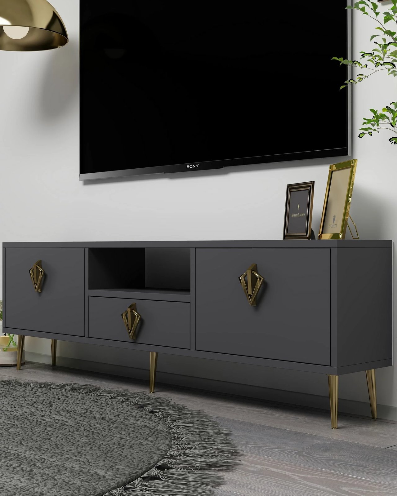 Komodë TV, ngjyrë antracit dhe ari, Skye Decor, 1313-DROP-32