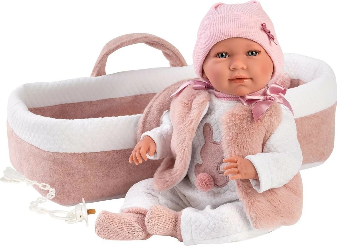 Kukull Llorens Baby Mimi 42 cm 74012, qaj kur shtypet barku, set me gondolë dhe biberon, rozë