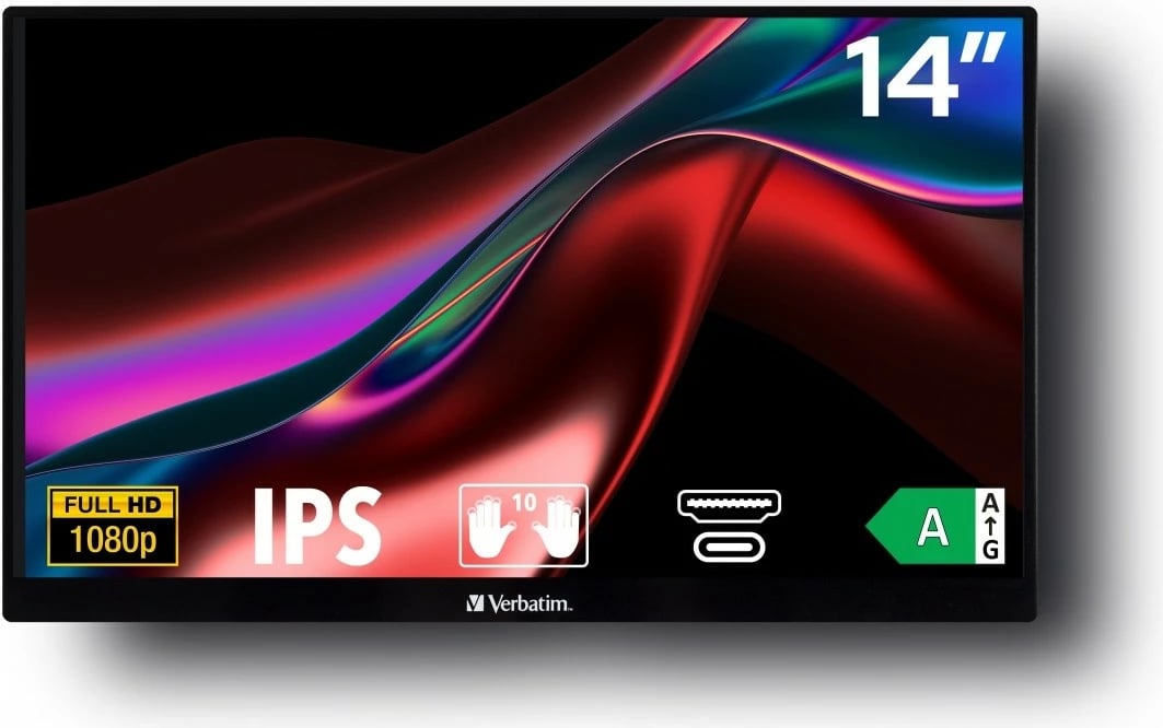 Monitor portativ me prekje, Verbatim PMT-14, 14" Full HD IPS, 10-pika, altoparlantë të integruar, USB‑C/HDMI, i zi