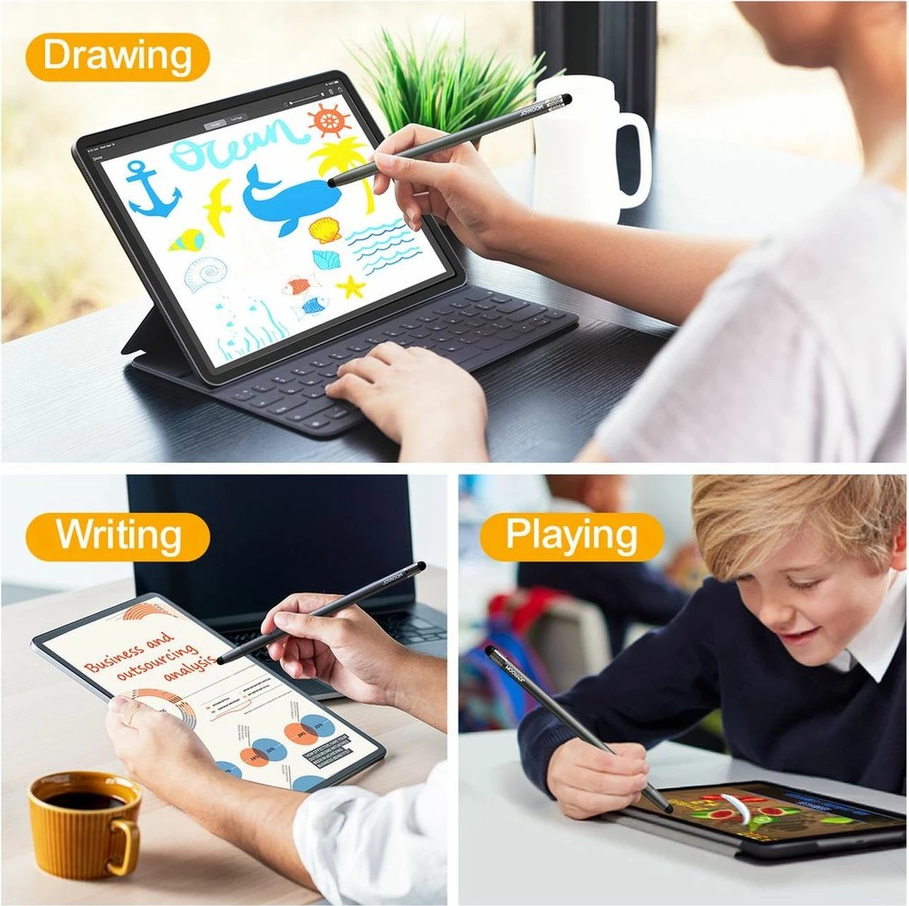 Stylus pasiv, Joyroom, JR-DR01, universal për celular e tablet, 2 maja të këmbyeshme, trup alumini, e zezë