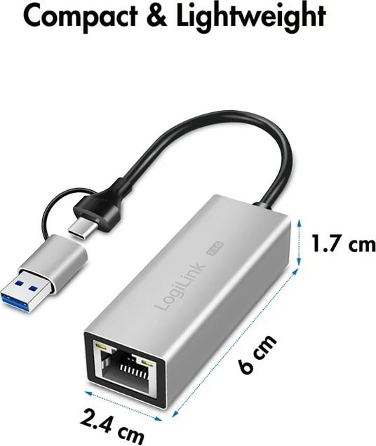 Adapter USB-A/USB-C për Ethernet 2.5G LogiLink UA0422, Gri