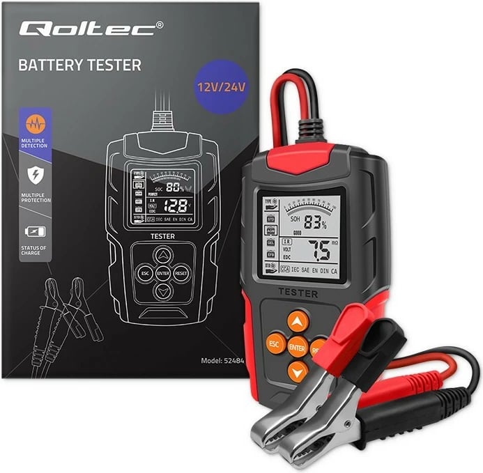 Tester baterie Qoltec 52484, digjital, LCD, 12V/24V, 3Ah-200Ah, zi/kuqe