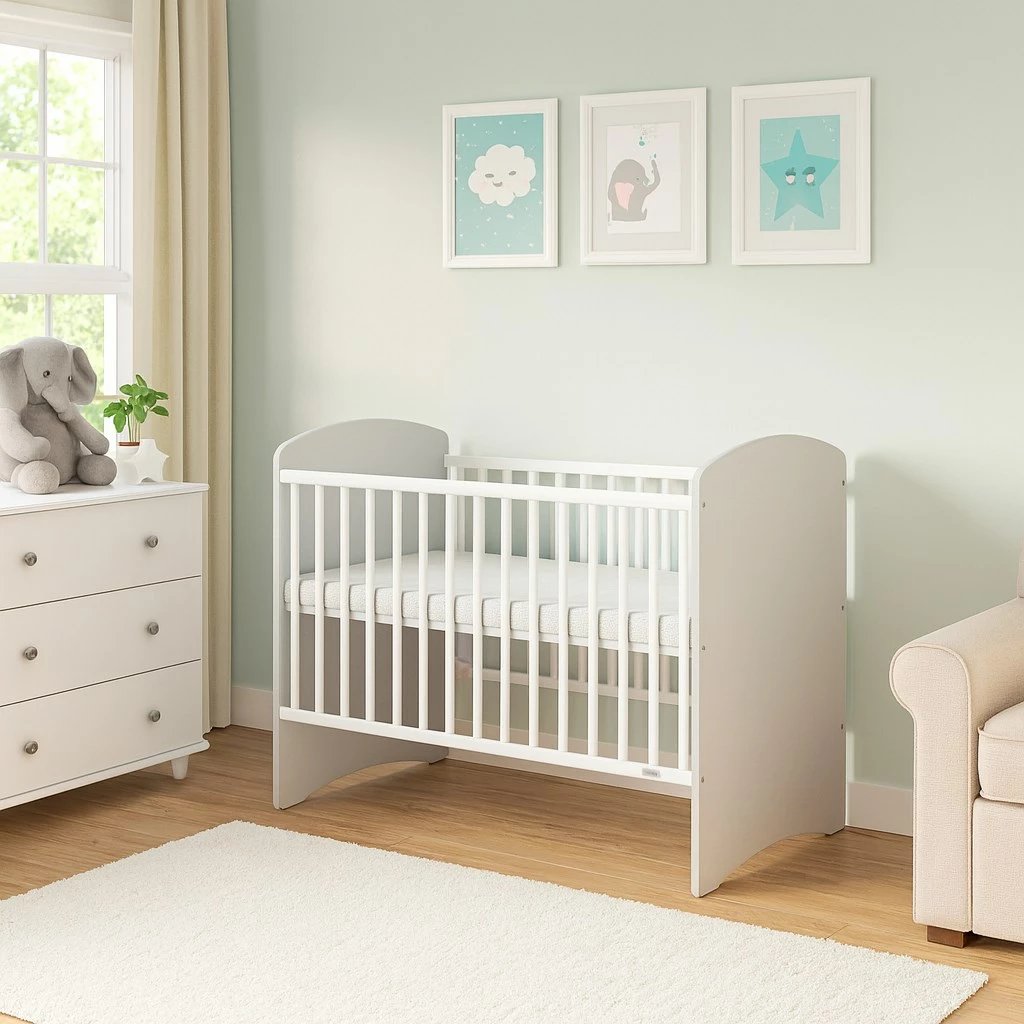 krevat për bebe, New Baby, LEO, 120x60 cm, dru pishe, 3 nivele të dyshemesë, gri-bardhë