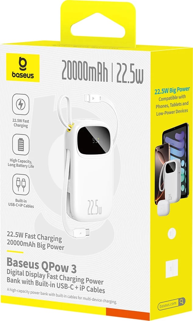 Powerbank Baseus EnerFill FC31, 20000mAh, 22.5W, me ekran dixhital, me kabllo USB-C + Lightning, Bardhë